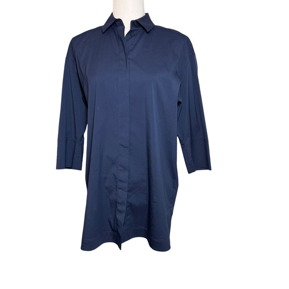 Lafayette 148 Cotton Stretch Button Front Shirt Size XS Navy Blue Tunic Long‎